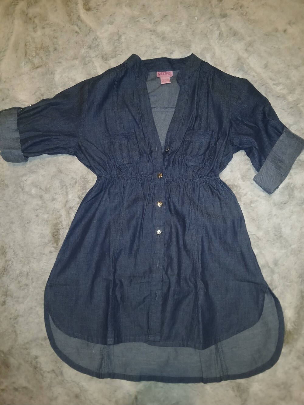 She's Cool Dark Blue High-Low Denim Shirt Dress